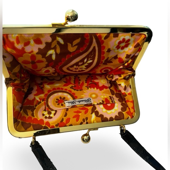 Glenda Gies Kiss-lock Gold/Brown Tweed Harvest Gold 60s Barkcloth interior purse - Picture 4 of 10